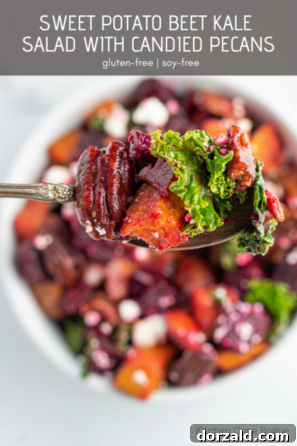 Candied Pecan Kale Salad with Sweet Potato and Beets 9 Sweet Potato Beet Kale Salad with Candied Pecans and Goat Cheese in a white serving bowl