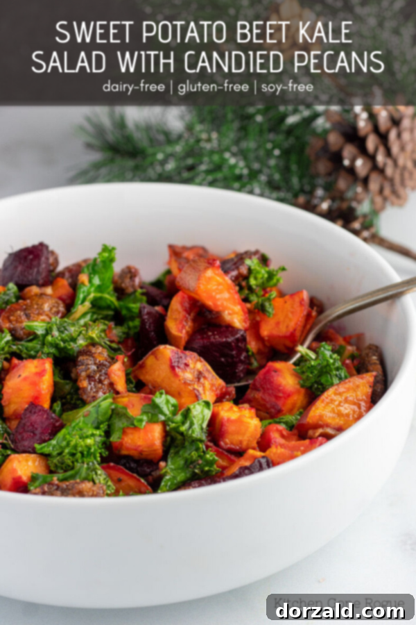 Candied Pecan Kale Salad with Sweet Potato and Beets 10 Sweet Potato Beet Kale Salad with Candied Pecans as a holiday side dish on a table spread