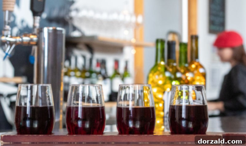 Close-up of a Texas Red Wine flight from Checkered Past Winery, featuring four glasses with different red wines on a wooden board.