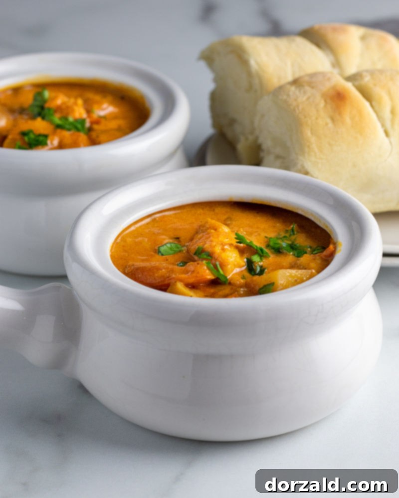 Close-up of a serving of Moqueca Brazilian fish stew in a bowl