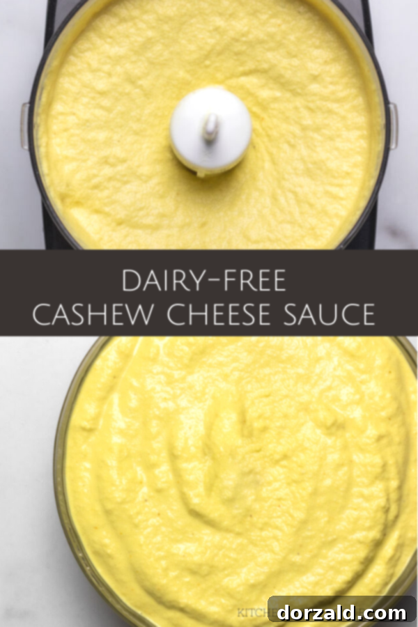 Dairy-free cashew cheese sauce pin image, showing creamy texture and versatility