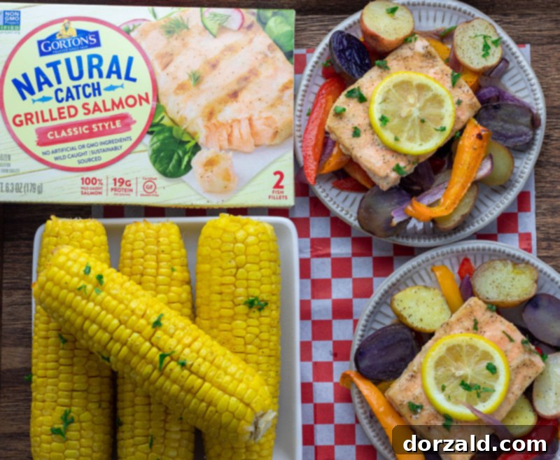 Easy One-Pan Roasted Salmon and Veggies 2 One pan Gorton's roasted salmon with colorful vegetables and corn on the cob