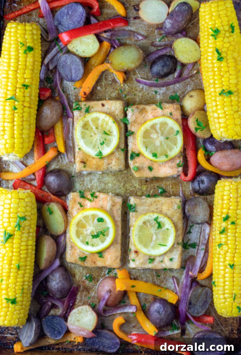 Easy One-Pan Roasted Salmon and Veggies 9 Complete sheet pan salmon and vegetable dinner fresh out of the oven