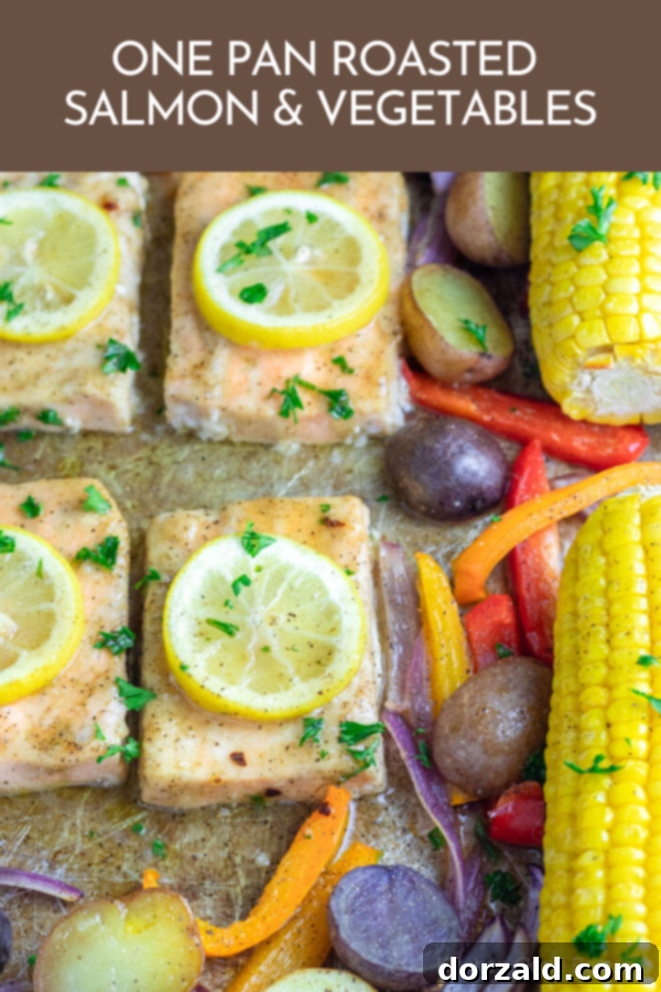 Easy One-Pan Roasted Salmon and Veggies 10 One pan roasted salmon with corn on the cob and potatoes, perfect for an easy sheet pan dinner
