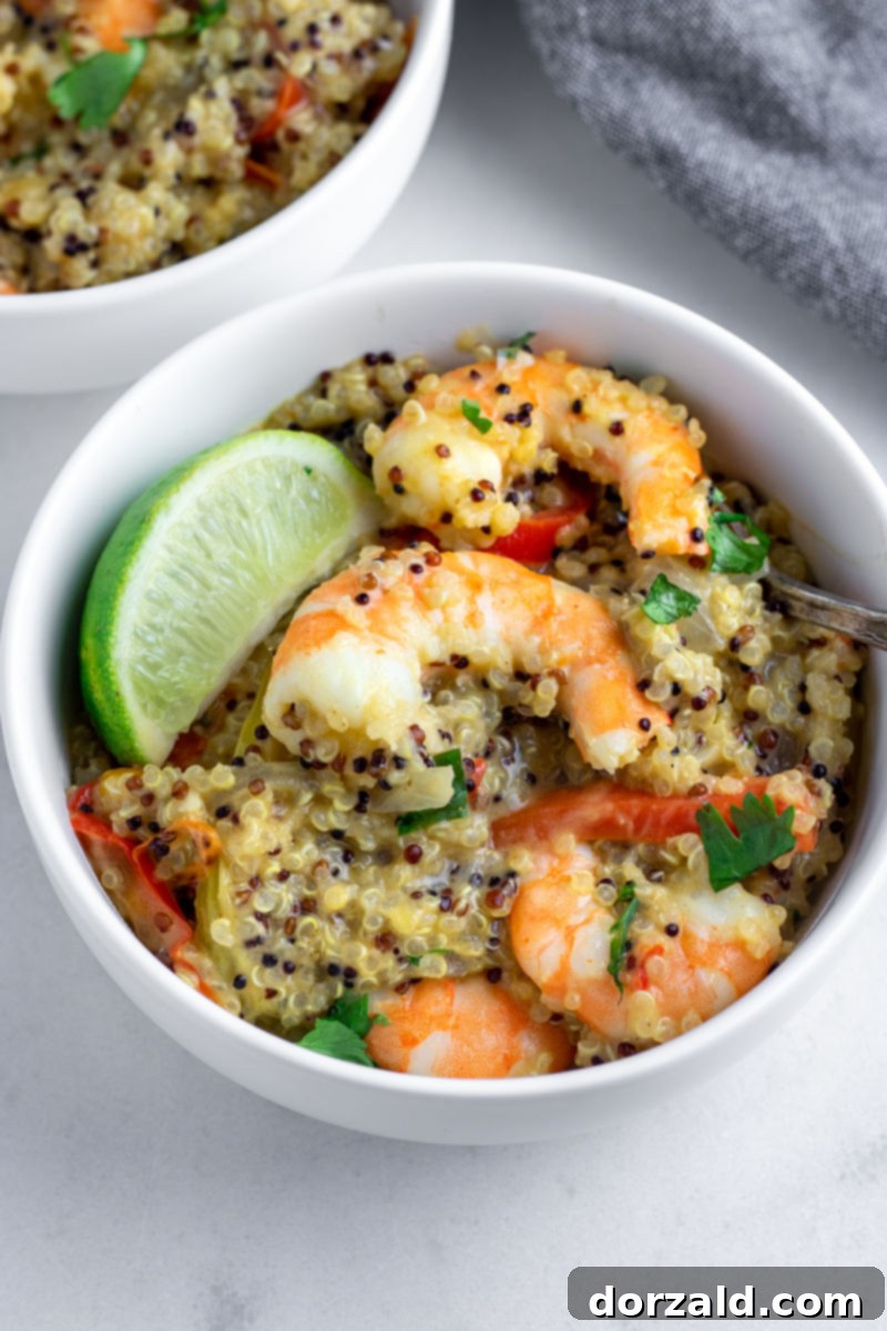 Zesty One-Pot Shrimp Quinoa 8 Finished One Pot Spicy Shrimp and Quinoa served in a bowl with lime and cilantro