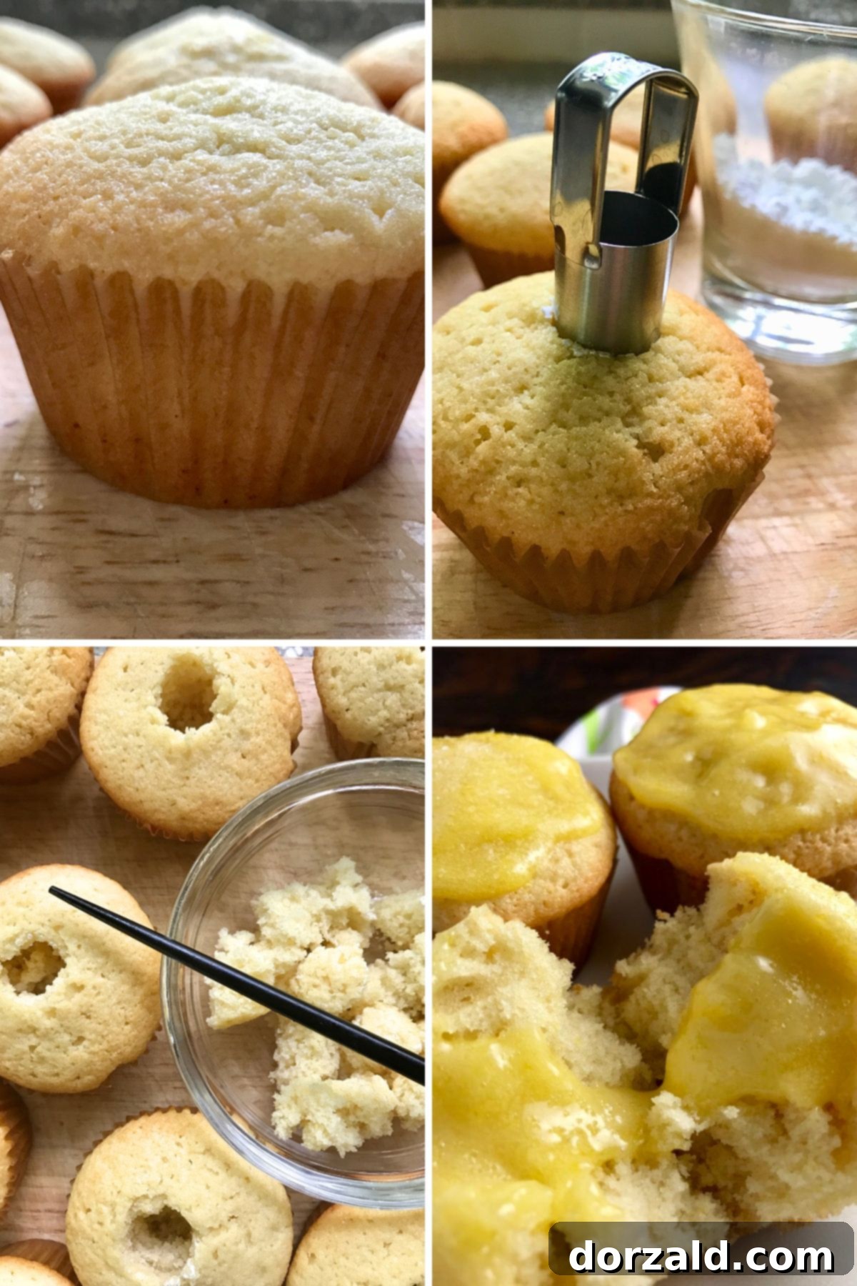 A cupcake corer removing the center of a baked lemon cupcake