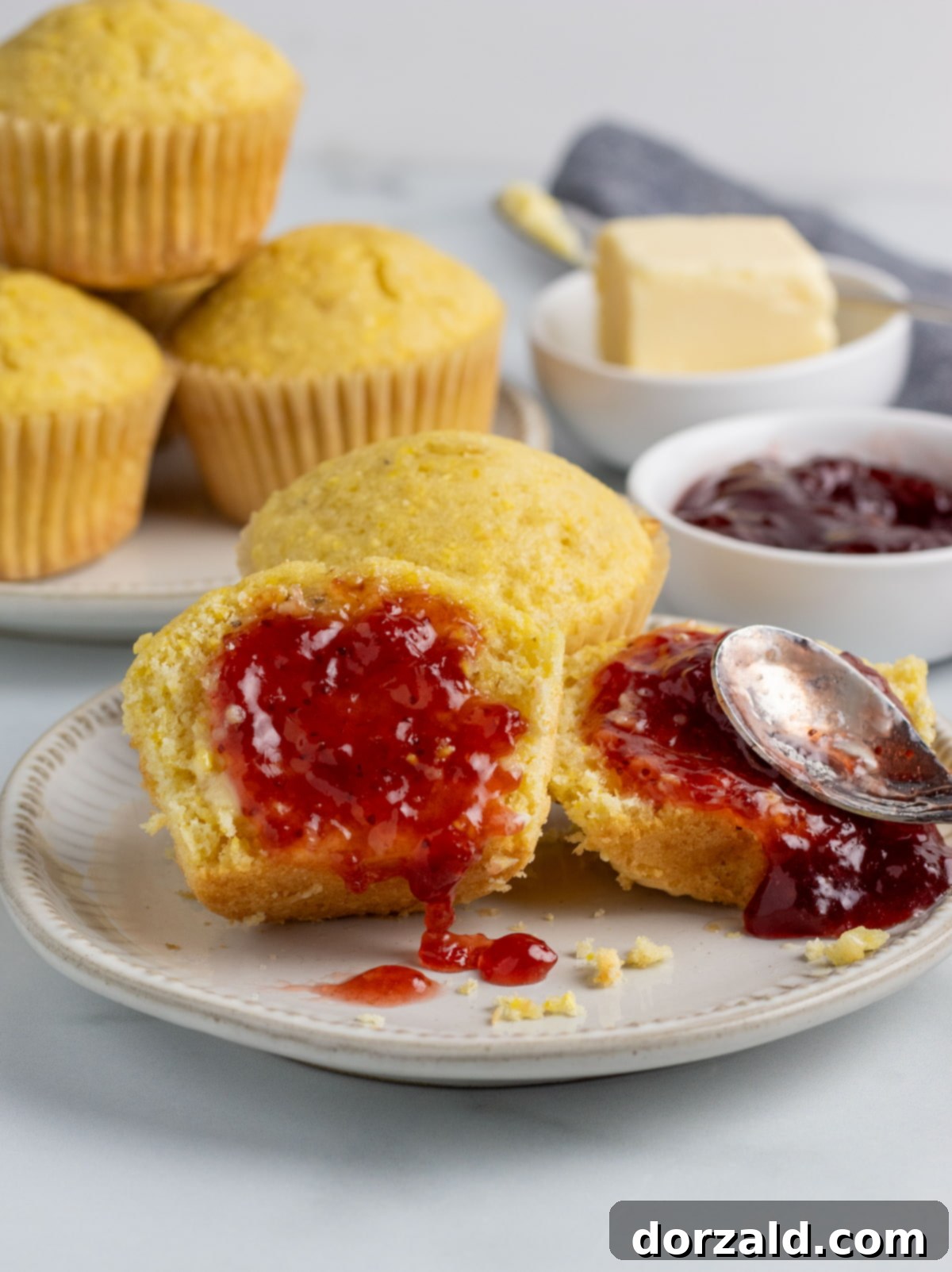 Close-up of golden brown dairy-free corn muffins in a muffin tin, freshly baked.