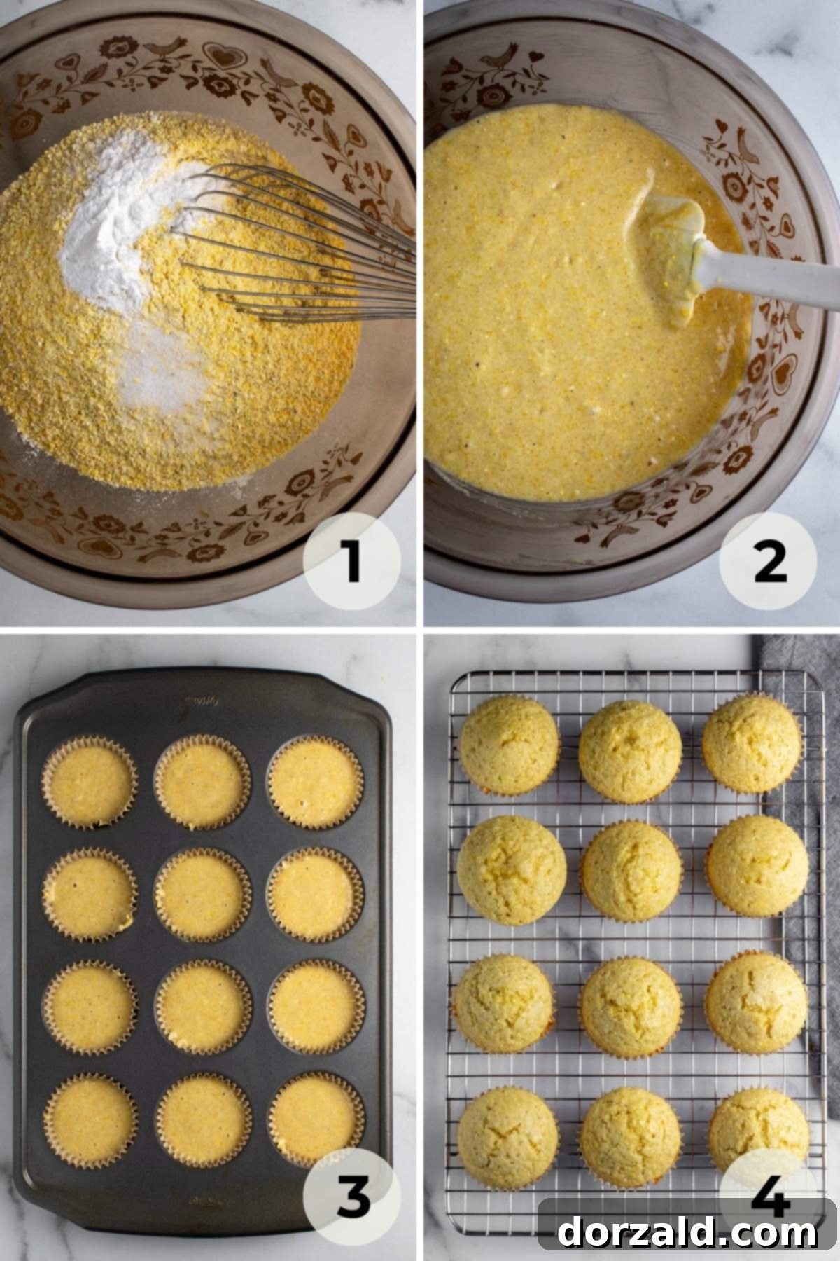 Dry ingredients for dairy-free corn muffins being mixed together in a large bowl with a spatula.