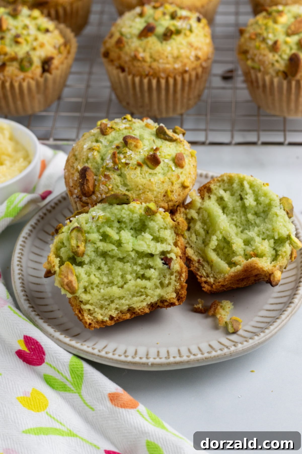 Freshly baked dairy-free pistachio nut muffins with sugar pistachio domed tops