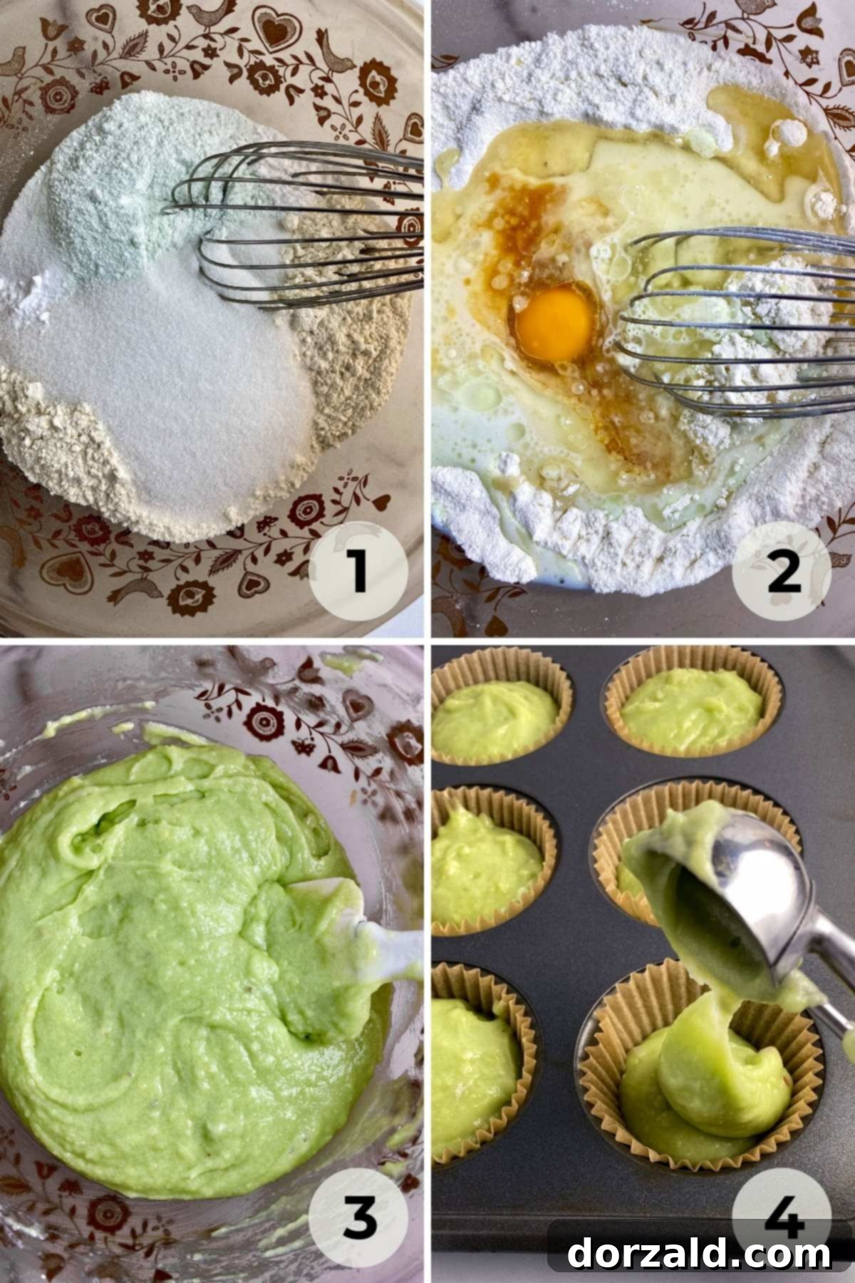 Graphic showing steps 1 through 4 to make dairy-free pistachio nut muffins