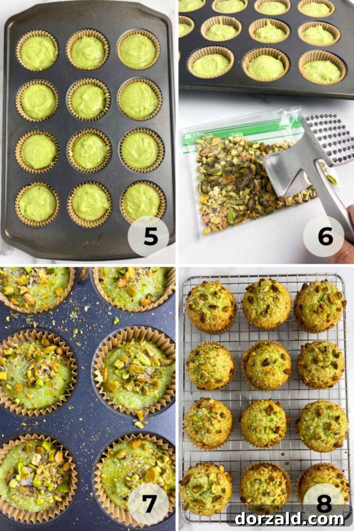 Graphic showing pistachio nuts being crushed for muffin topping