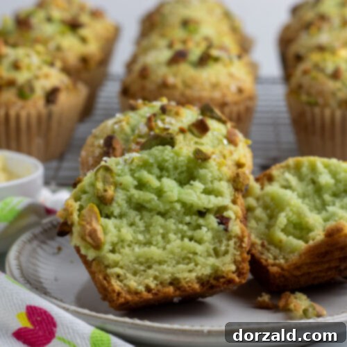 Pistachio Nut Muffins (Dairy-Free) - A close-up shot of two muffins with green pistachio crumbles and sugar crystals on top, golden brown and fluffy.