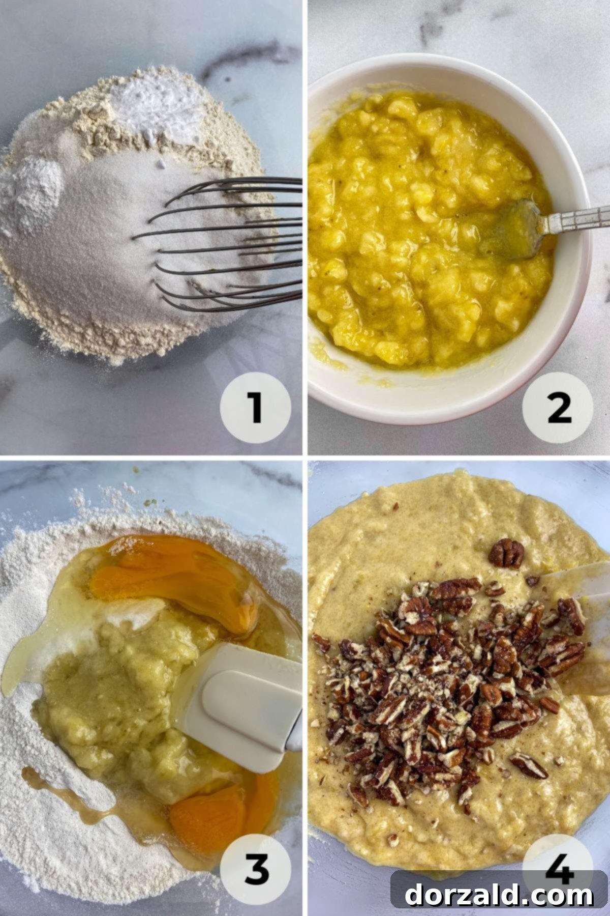 A large mixing bowl with dry ingredients for banana muffins.