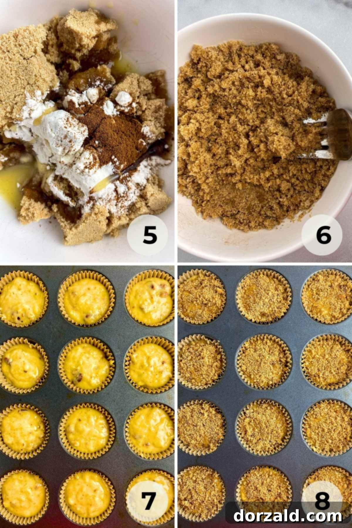 Close-up view of the thick dairy-free banana muffin batter in a large mixing bowl, after all ingredients are combined.