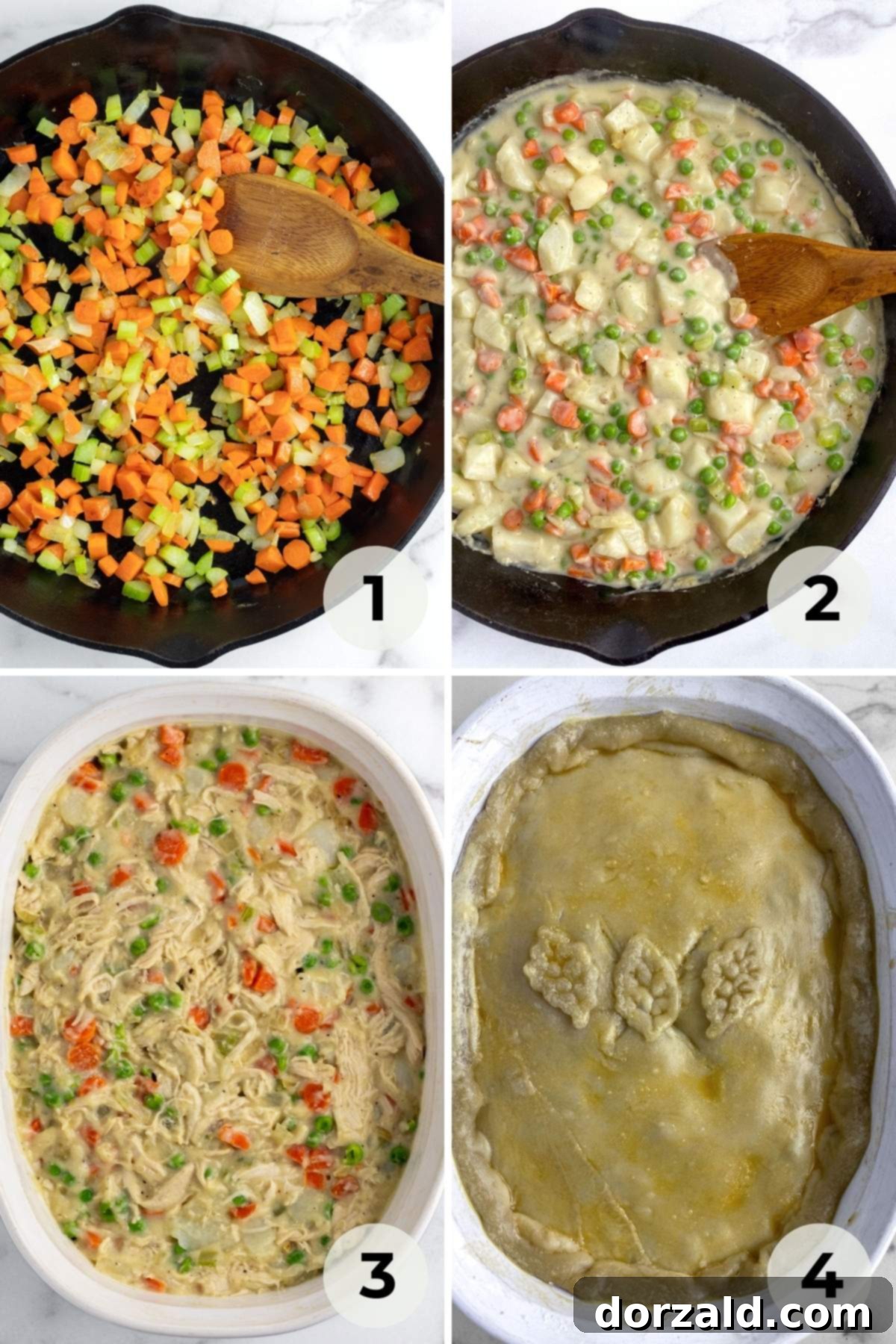 Creamy Dairy-Free Chicken Pot Pie 5 Sautéed carrots, celery, and onions in a large skillet, forming the base of the dairy-free chicken pot pie filling.