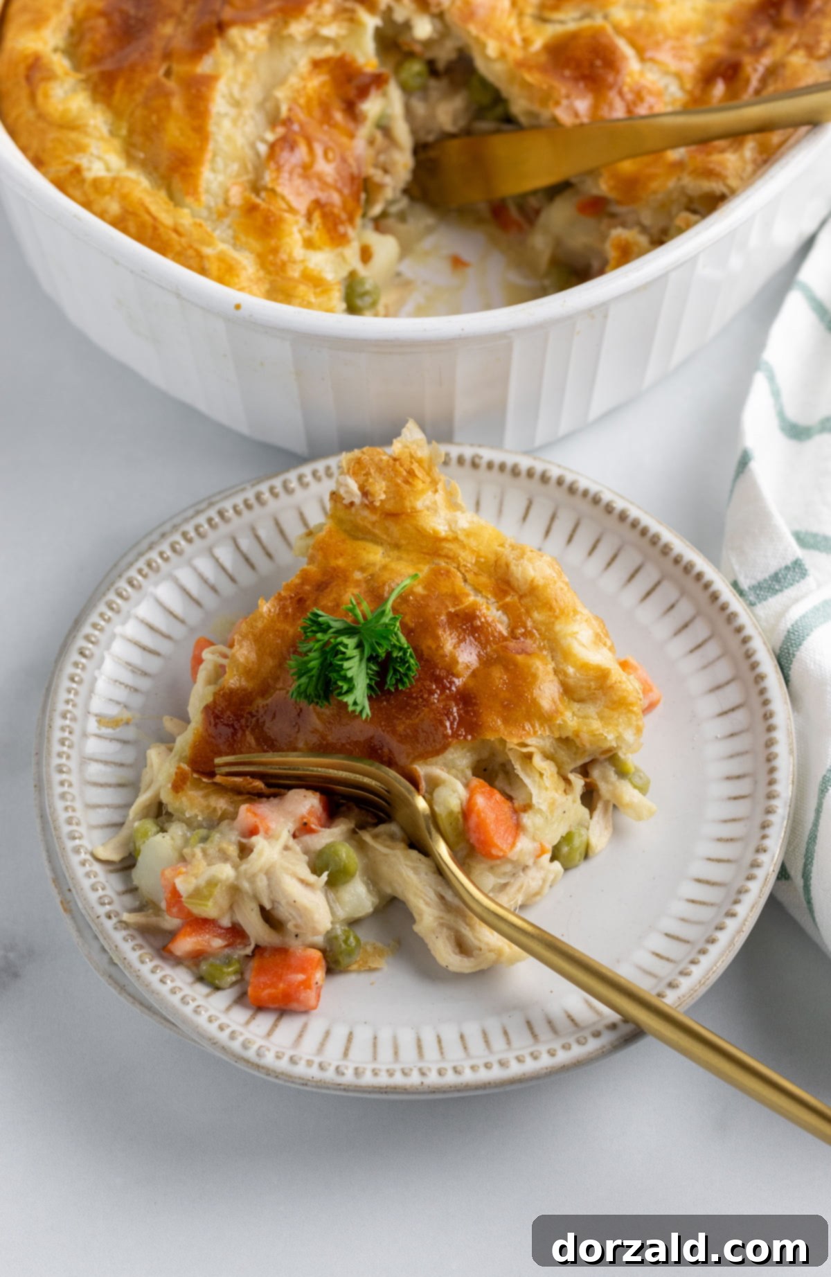A generous serving of dairy-free chicken pot pie in a bowl, showing the creamy filling, tender chicken, and vegetables beneath a golden, flaky crust. It's garnished with fresh parsley, making it an inviting and hearty meal.