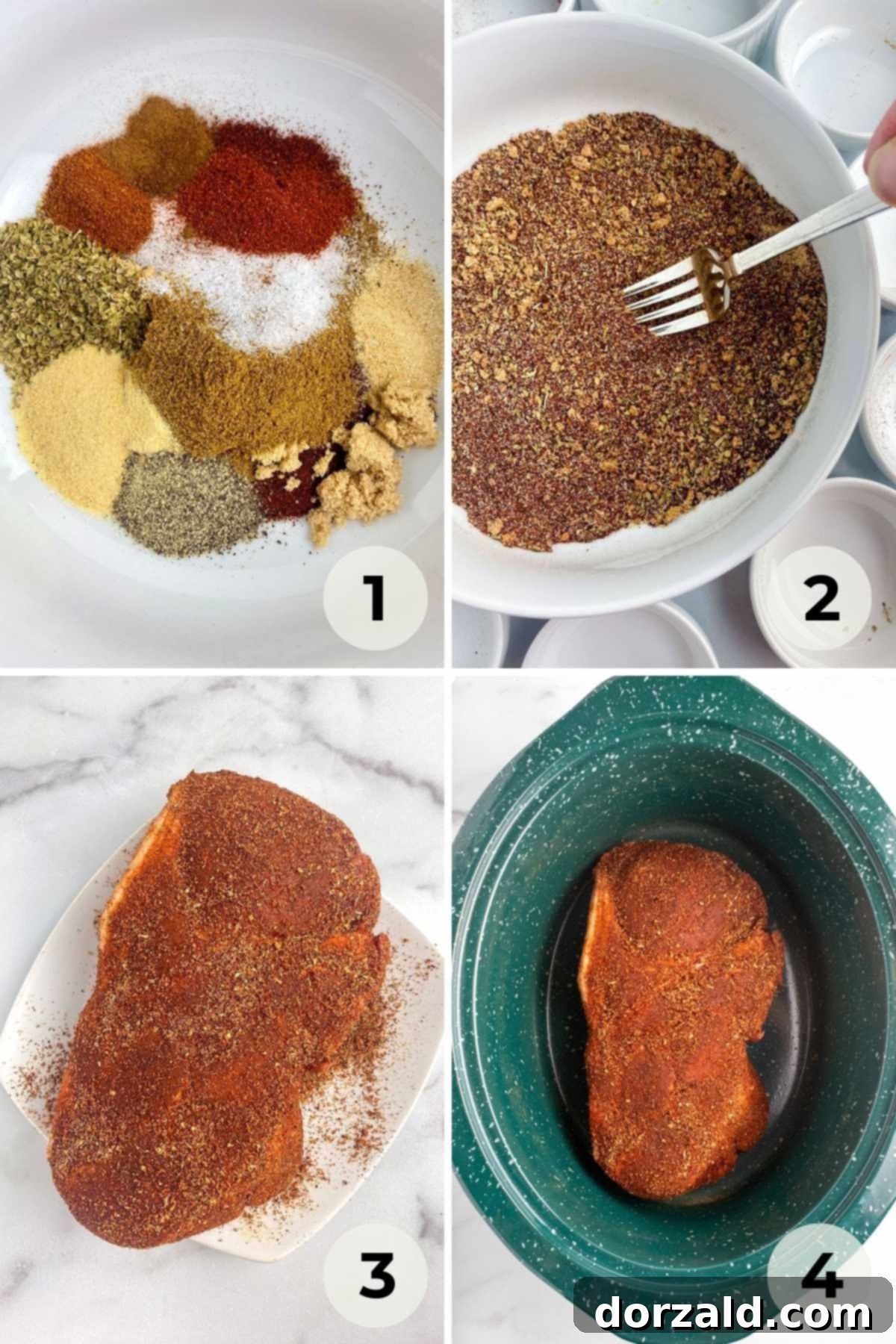 Smoked Pulled Pork and Creamy Slaw Sandwich 5 A pork roast generously coated with homemade spice rub, ready to be placed into a slow cooker.