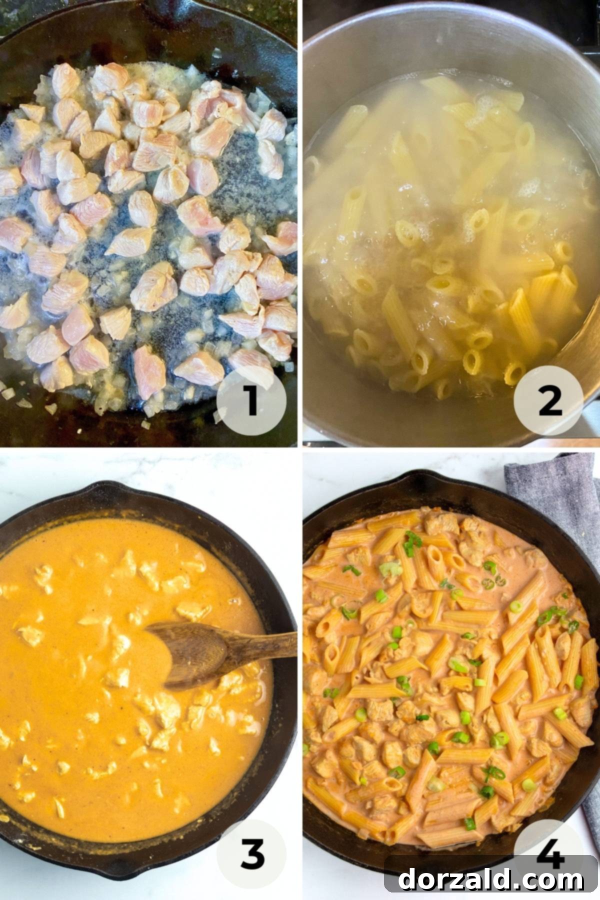 Creamy Chicken Curry Pasta 5 A shot from above showing the cooking process of Chicken Curry Pasta in a skillet, with chicken, onions, and garlic simmering.