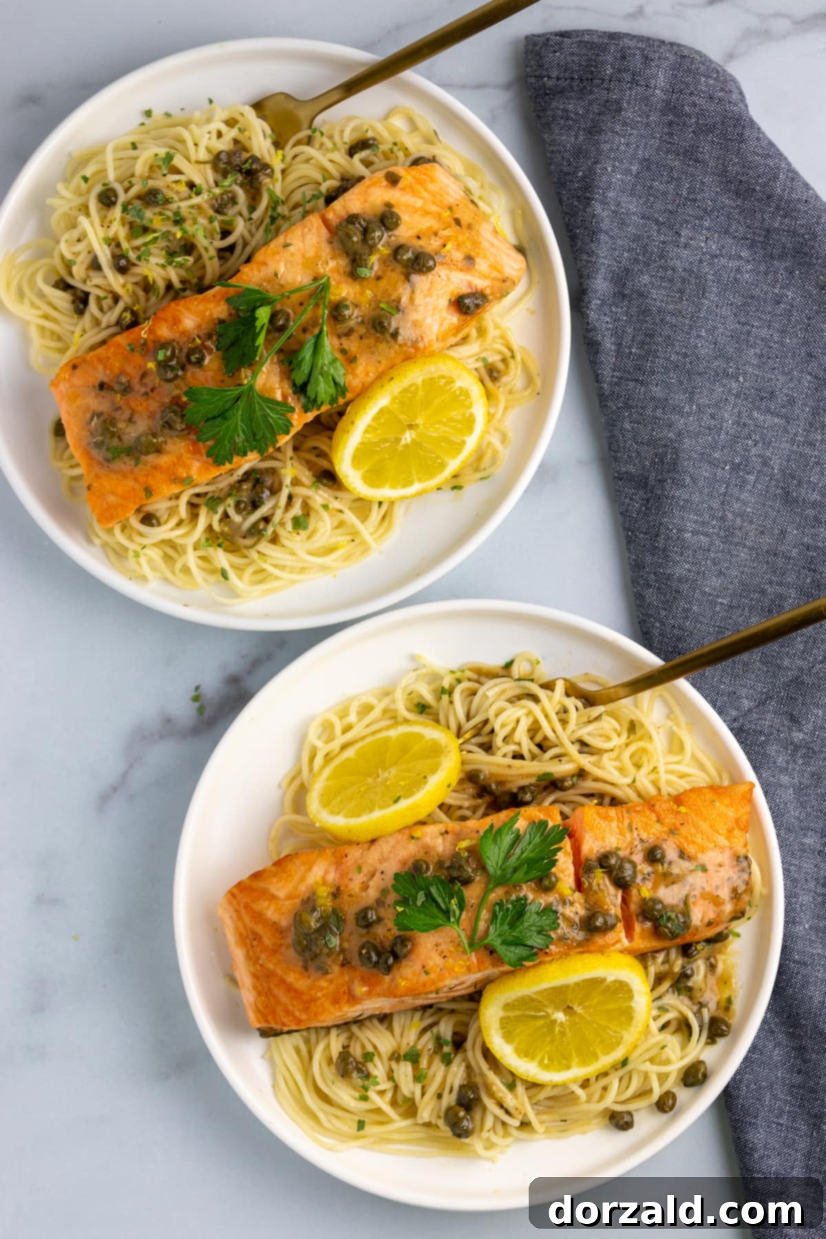 Lemon Caper Salmon Pasta Dairy Free Gluten Free 2 Plated Salmon Piccata Pasta with lemon slices and capers