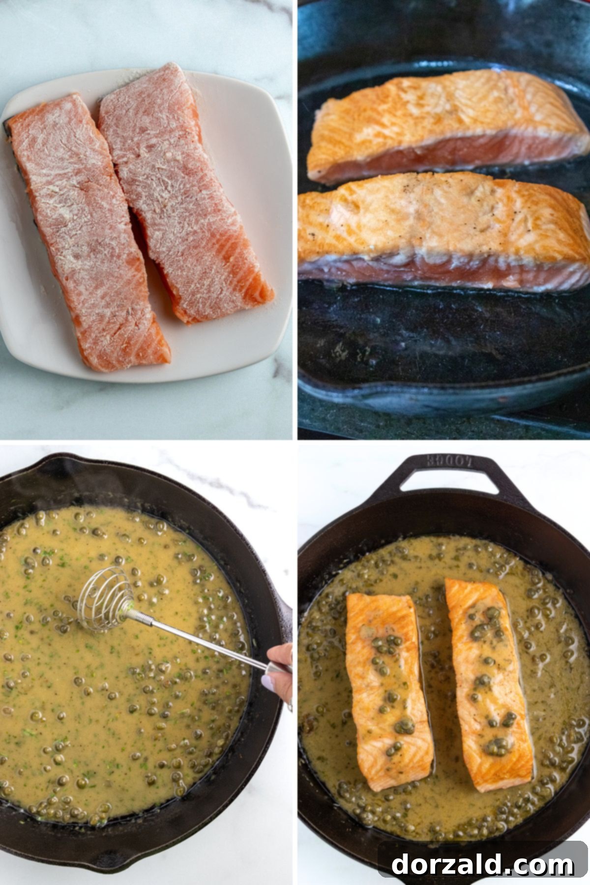 Two salmon fillets searing in a hot skillet with olive oil, creating a golden crust.