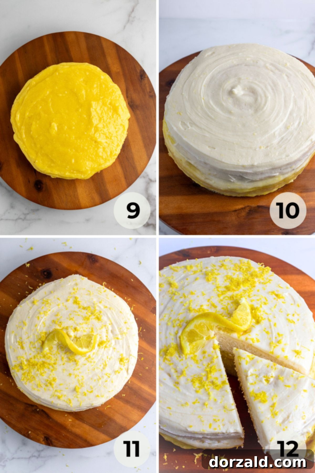 A dairy-free lemon cake being frosted with lemon buttercream icing.