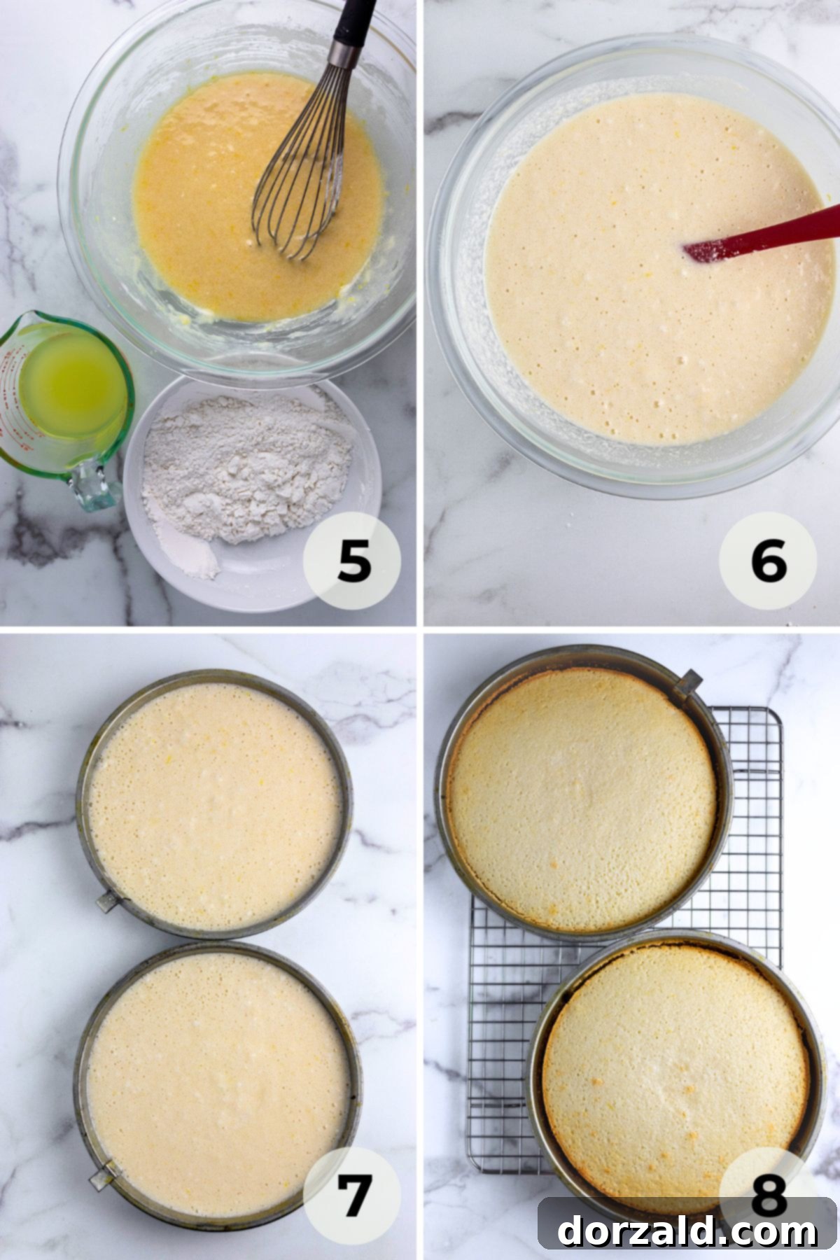 Two baked lemon cake layers cooling on a wire rack.