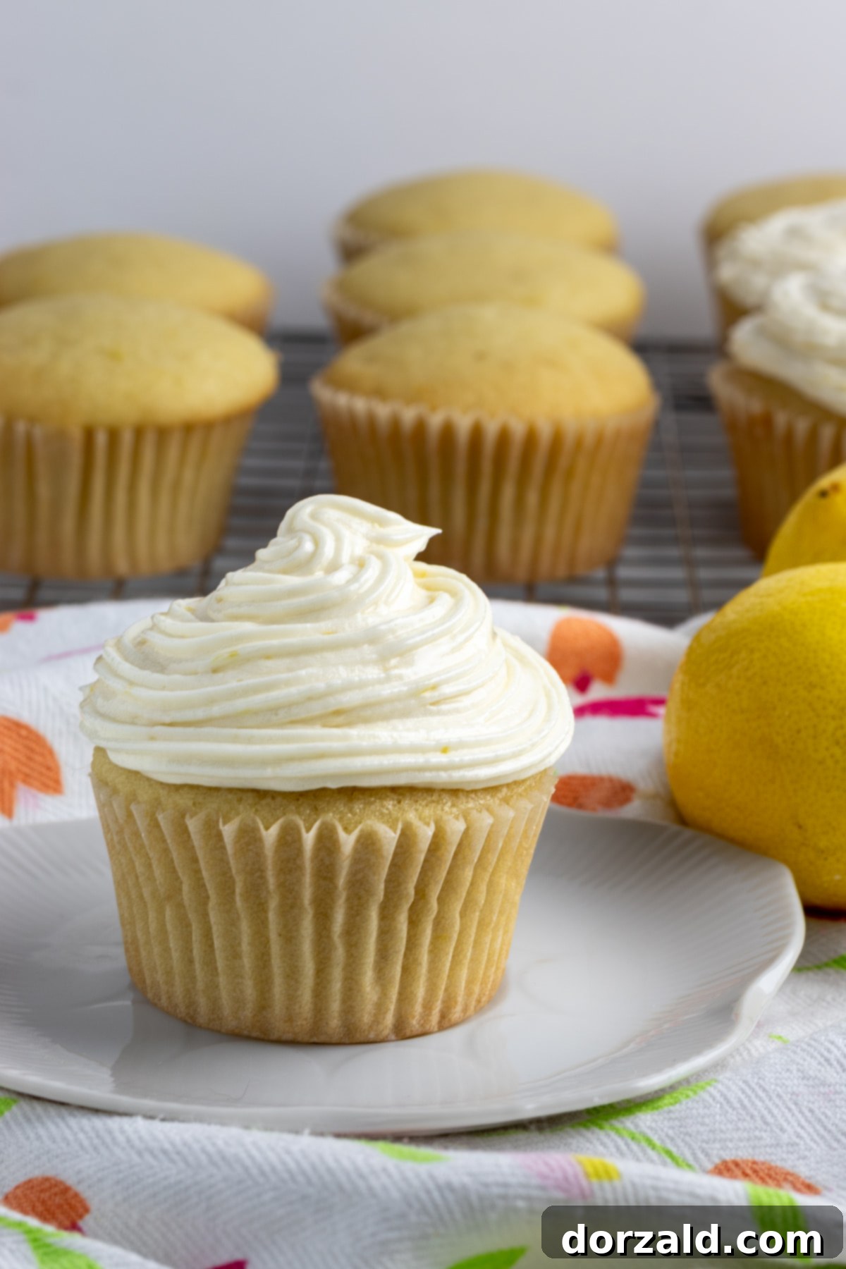 Close-up of fluffy vegan lemon frosting on a cupcake