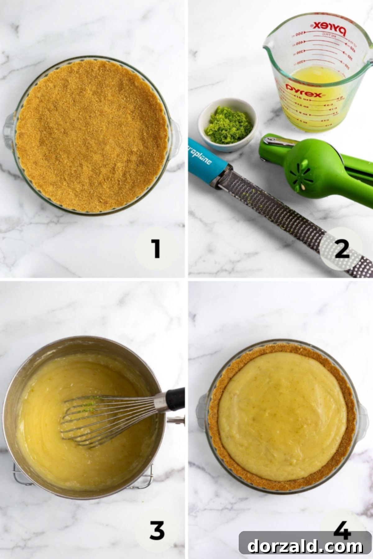 Step-by-step image of key lime pie filling being poured into the graham cracker crust.