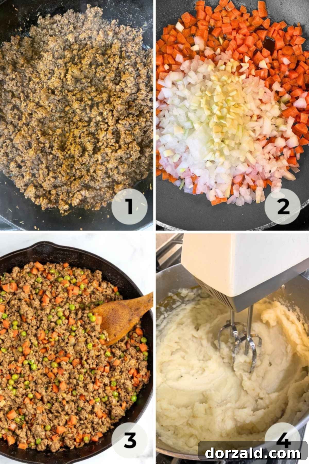 A large skillet containing browned ground lamb, a crucial first step for the Dairy-Free Shepherd's Pie filling.