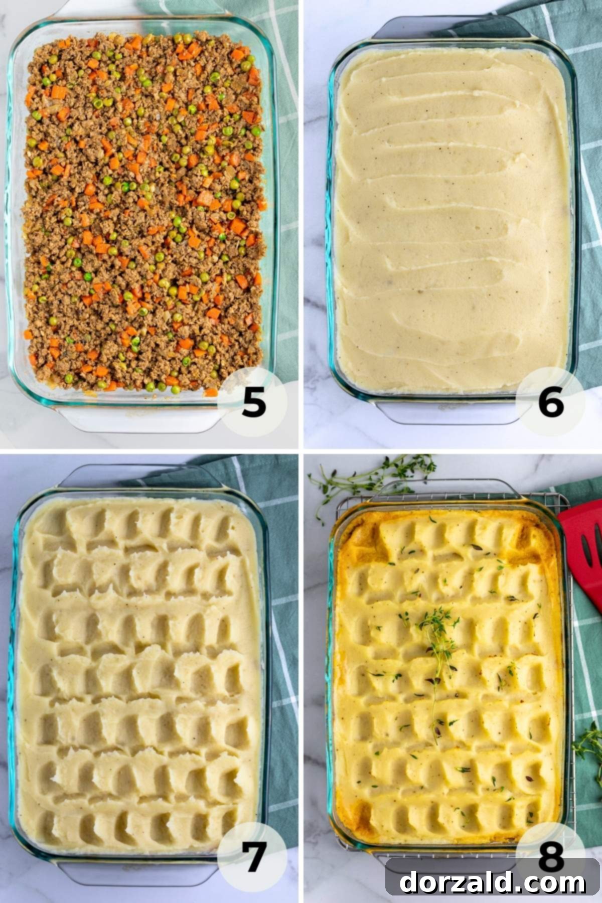 A Dairy-Free Shepherd's Pie assembled in a casserole dish, topped with mashed potatoes, ready for baking.