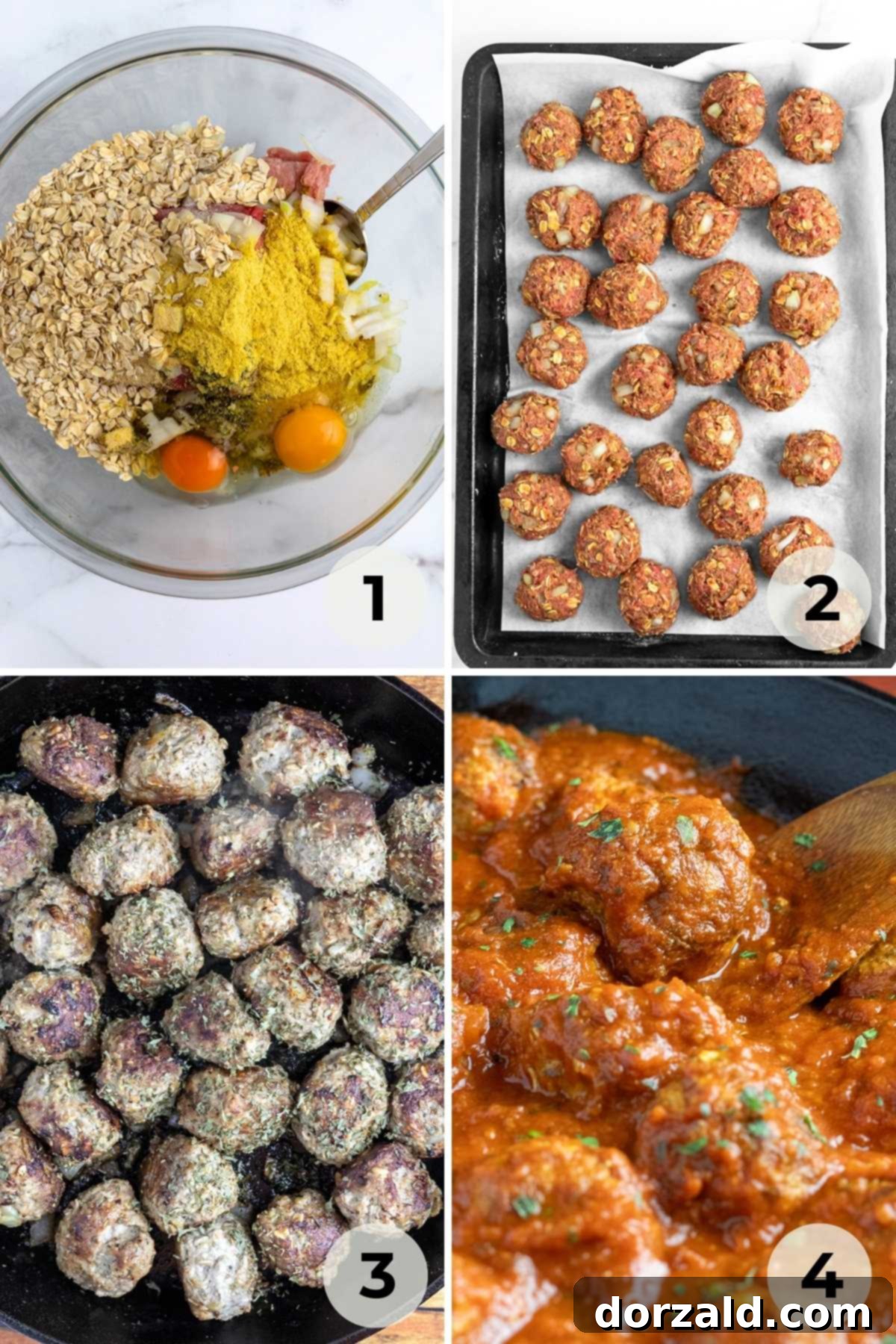 Authentic Italian Gluten-Free Dairy-Free Meatballs 5 Cooked gluten and dairy free meatballs simmering in marinara sauce in a large skillet.