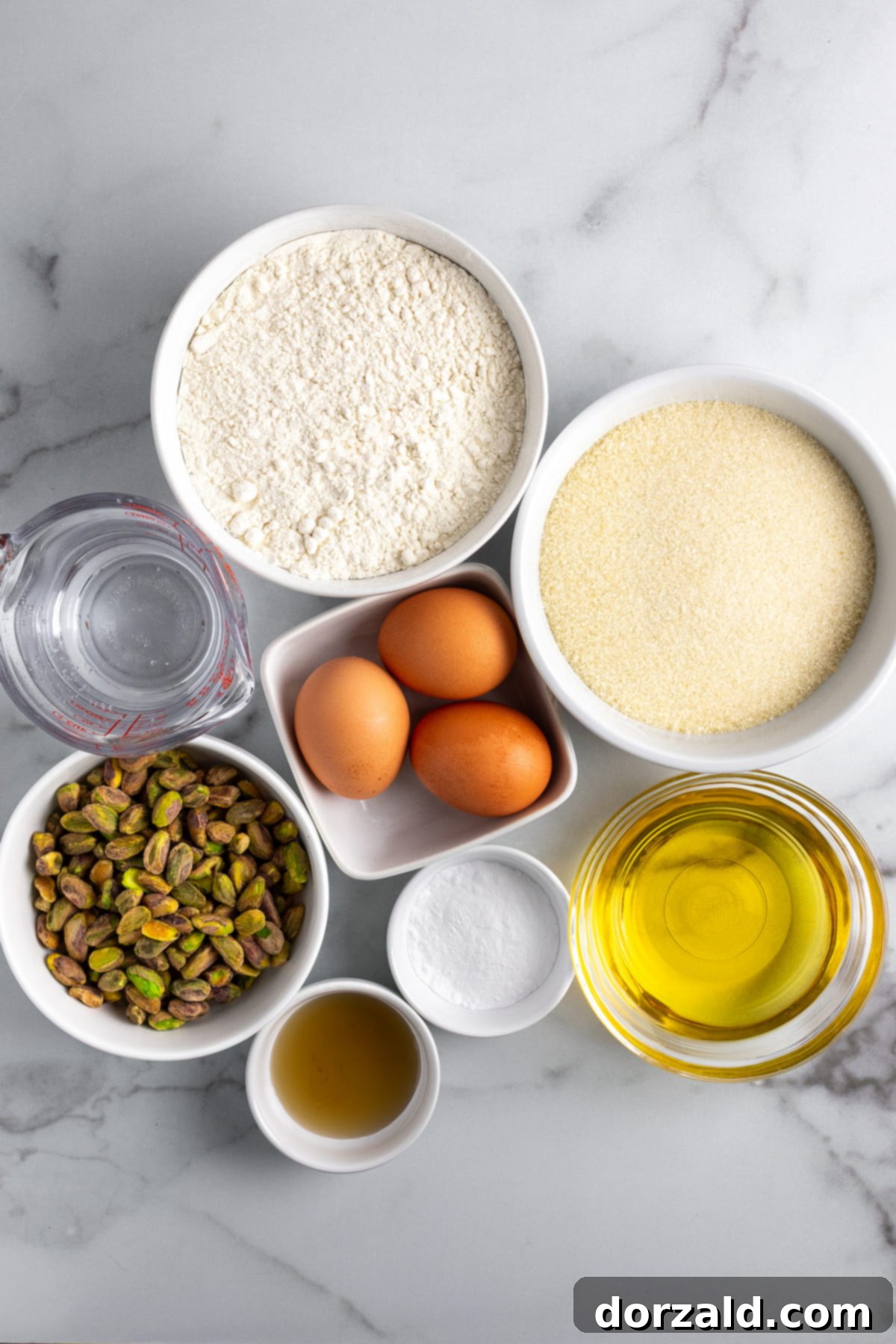 Simple Pistachio Raspberry Cake 4 Ingredients laid out for making the pistachio cake.