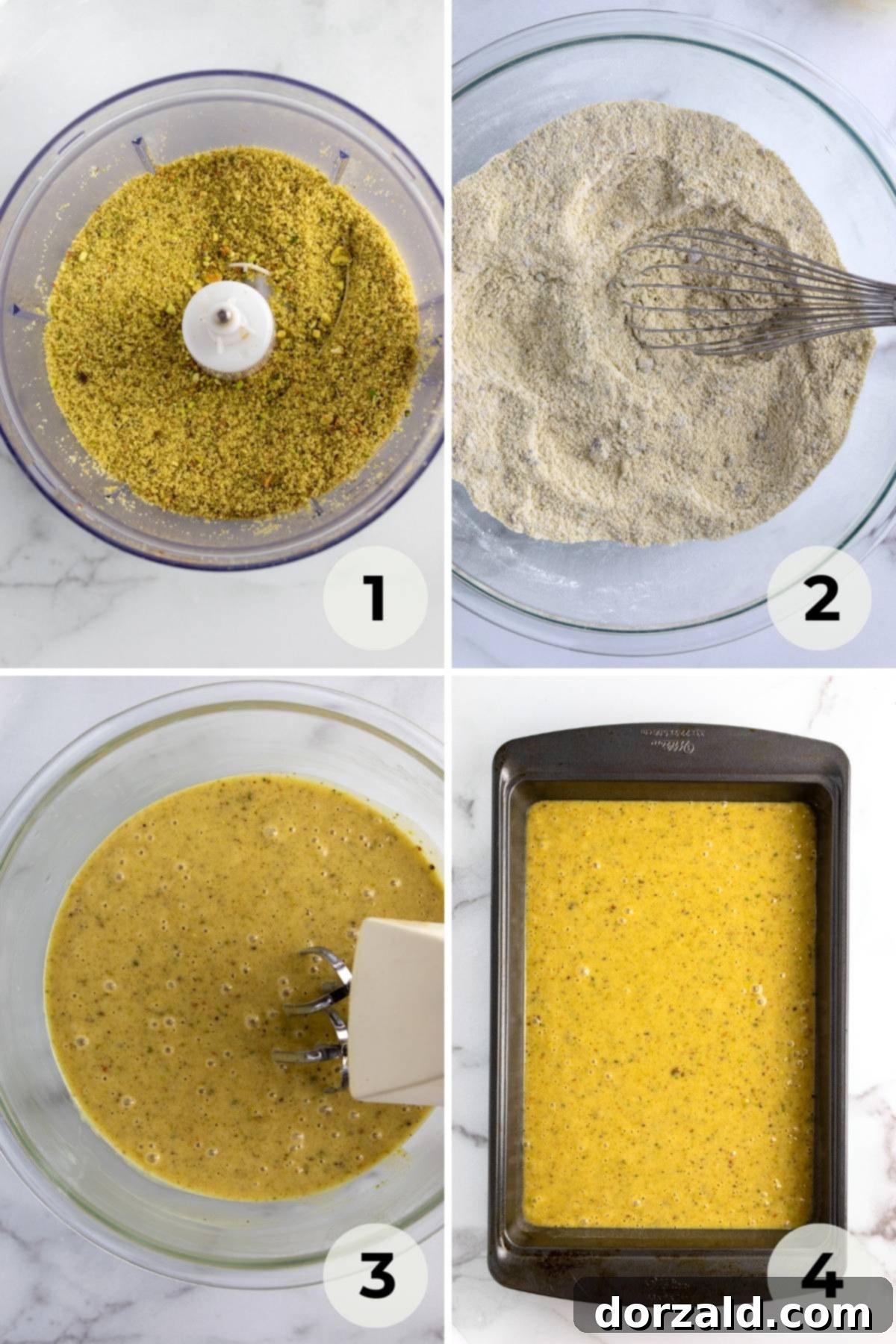 Simple Pistachio Raspberry Cake 6 Cake batter in a mixing bowl.