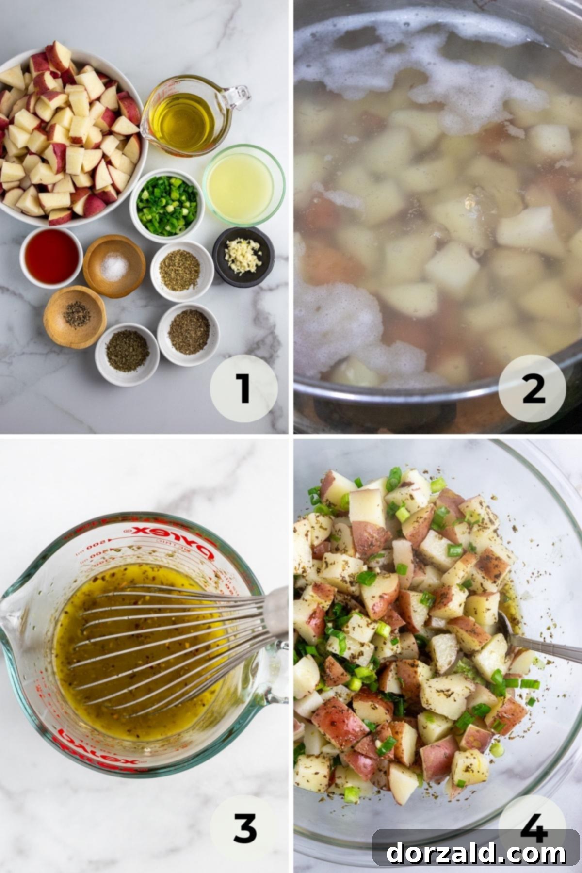 Step-by-step image of red potatoes boiling in a large pot on a stovetop, essential for the potato salad recipe.