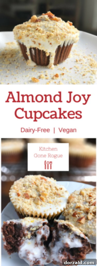 Almond Joy Tadında Sütsüz Cupkekler 5 Display of vegan Almond Joy cupcakes on a white plate