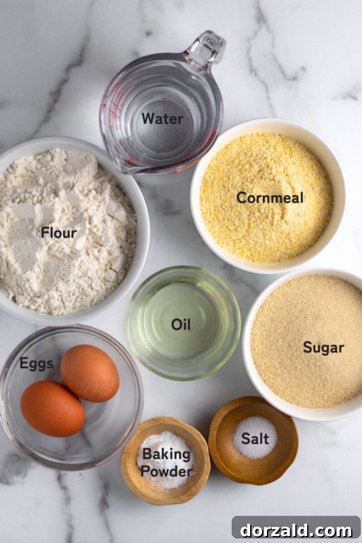 A selection of basic ingredients for cornbread, including cornmeal, flour, sugar, eggs, oil, water, and baking powder laid out on a kitchen counter.