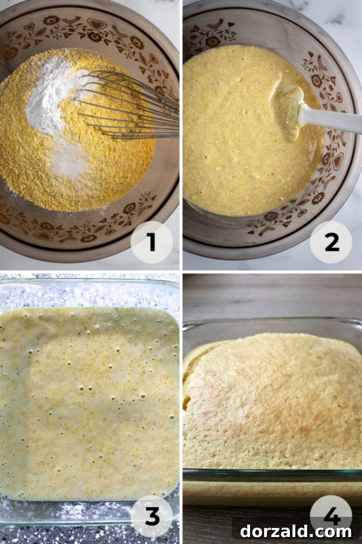 A baking dish filled with cornbread batter, ready to go into the oven.