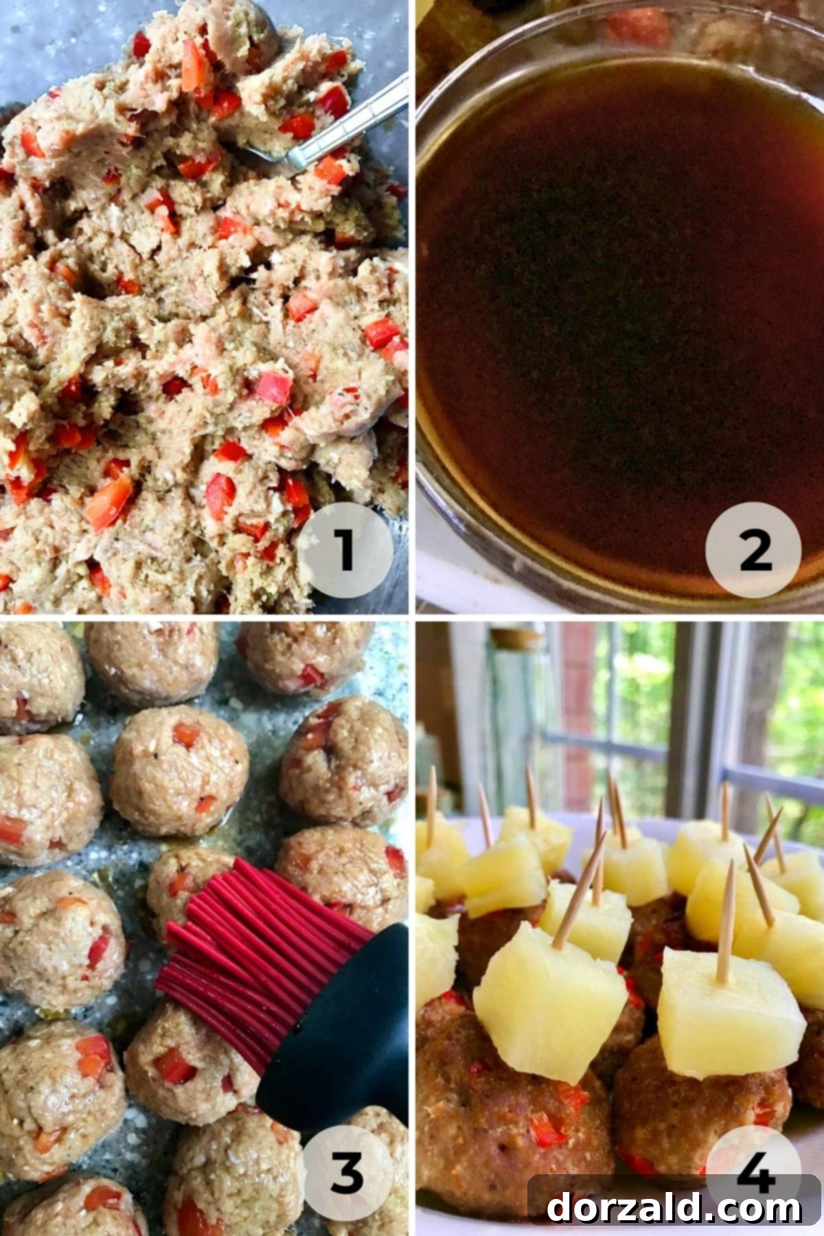 A hands-on shot showing the process of mixing ingredients for Hawaiian Turkey Meatballs in a large bowl.